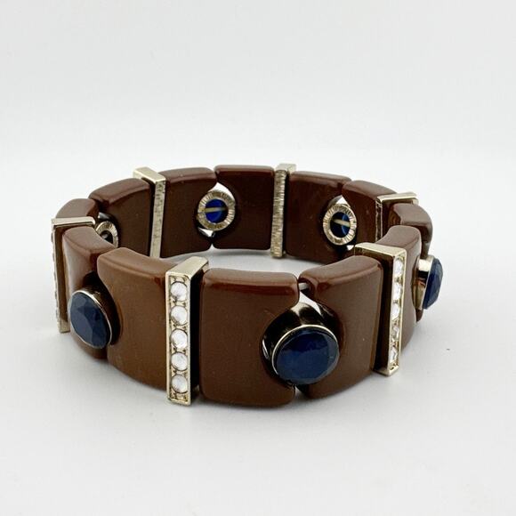 Vintage Brown Blue Gemstone Stretch Bangle Bracelet Retro Art Deco Style - Picture 4 of 8